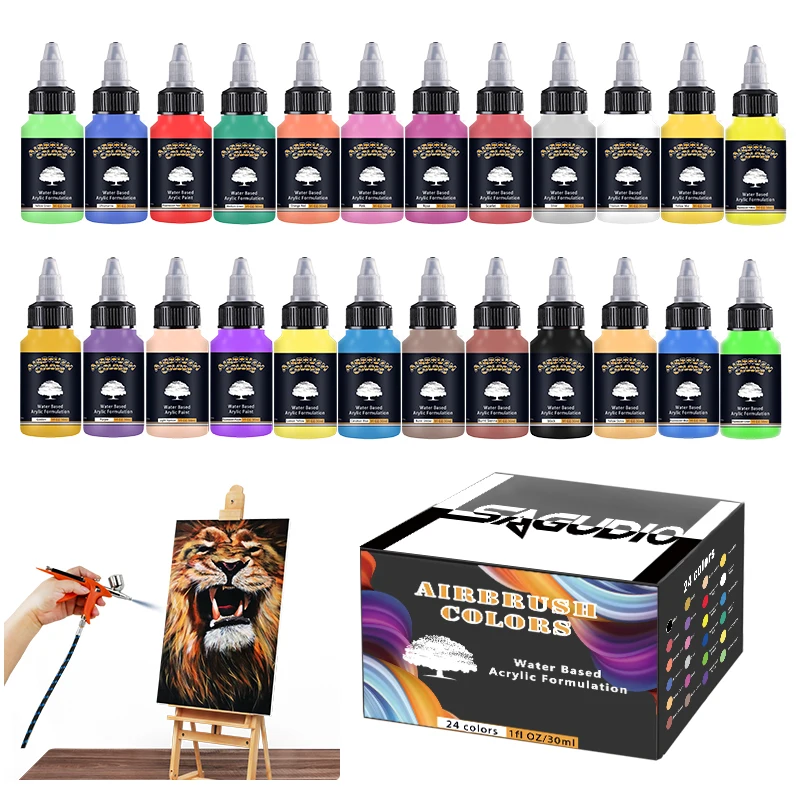 SAGUD-Airbrush-Paint-Set-12-24-Colors-30ML-Opaque-Water-Based-Fluorescent-Acrylic-Paint-for-Shoes